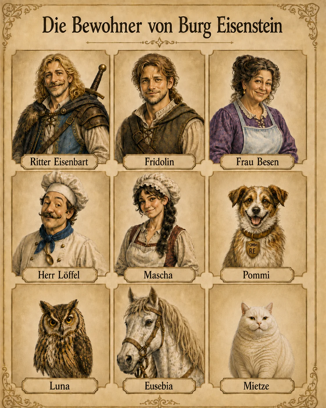 Die Bewohner von Burg Eisenstein: Ritter Eisenbart, Fridolin, Frau Besen, Herr Löffel, Mascha, Pommi, Burgeule, Eusebia und Mietze
